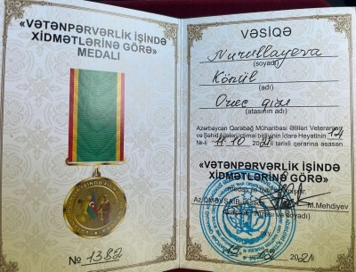 Könül Nurullayevaya “Vətənpərvərlik işində xidmətlərinə görə" medalı təqdim olunub