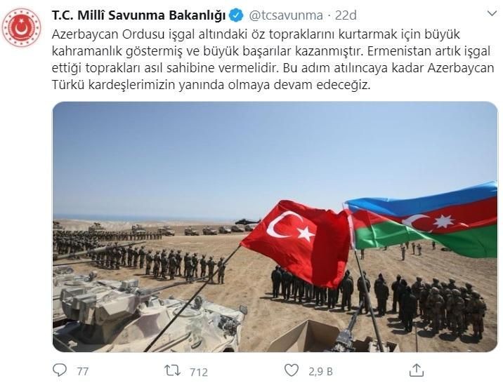 Türkiyə MN: Azərbaycan Ordusu böyük qəhrəmanlıq göstərib -